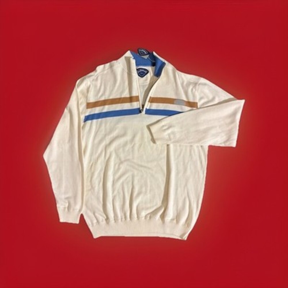 Callaway Men's Quarter-zip Sweater In Cream with Blue and Brown Stripes Size L